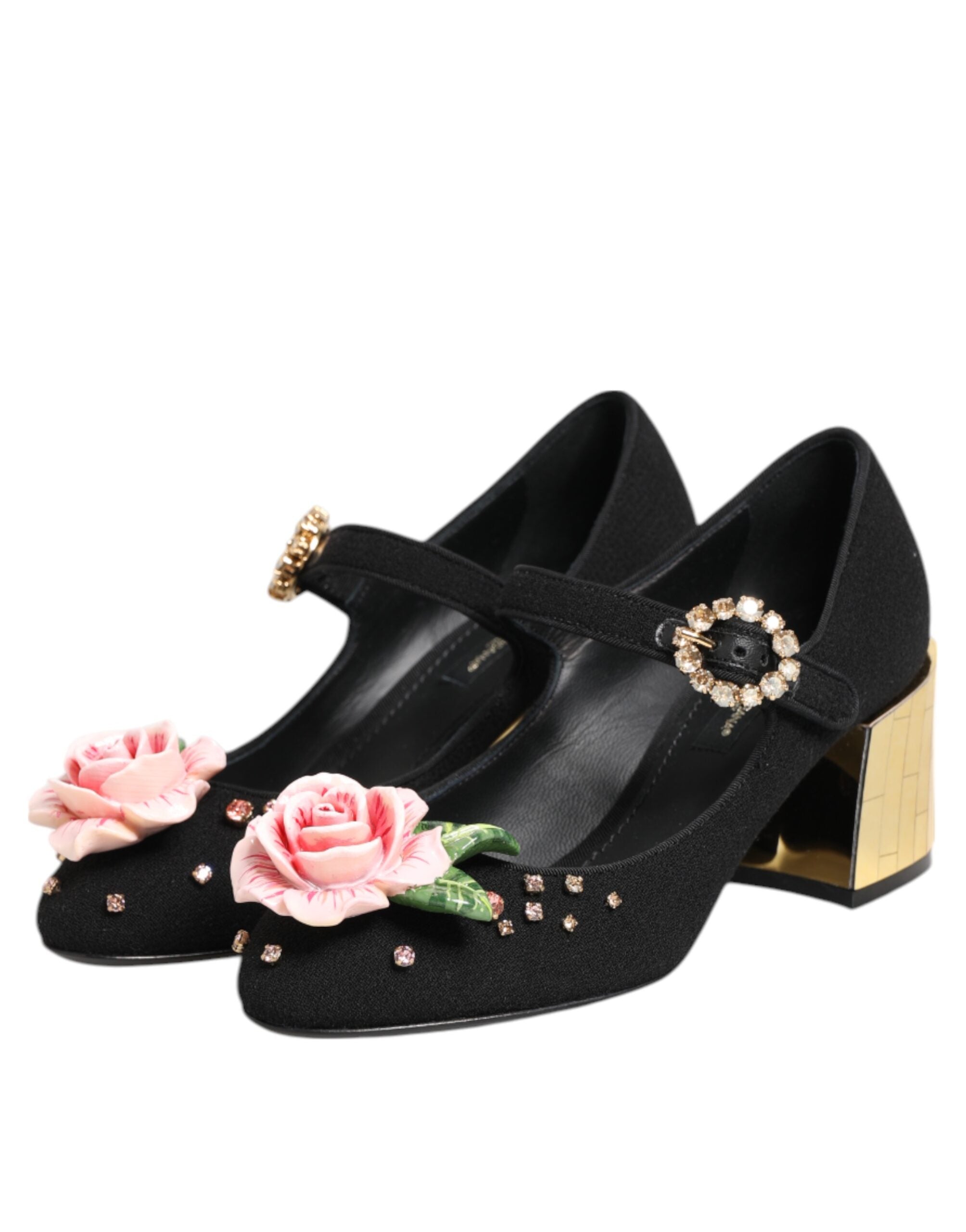 Dolce & Gabbana Black Flower Crystal Embellished Mary Jane Shoes