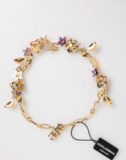 Dolce & Gabbana Gold Brass Logo Detail Floral Fashion Jewelry Necklace