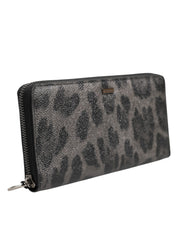 Dolce & Gabbana Black Gray Leopard Leather Zip Around Continental Wallet