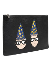 Dolce & Gabbana Black Leather #DGFAMILY Embellished Men Clutch Pouch Bag