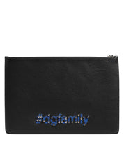 Dolce & Gabbana Black Leather #DGFAMILY Embellished Men Clutch Pouch Bag