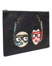 Dolce & Gabbana Black Leather #DGFAMILY Embellished Men Clutch Pouch Bag