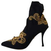 Dolce & Gabbana Black Gold Embroidery Crystal Boots Shoes