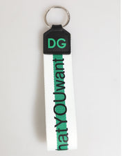 Dolce & Gabbana Green Logo Polyester Silver Brass Holder Keychain Keyring