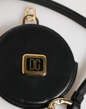 Dolce & Gabbana Black Round Leather DG Logo Coin Purse Lanyard Wallet