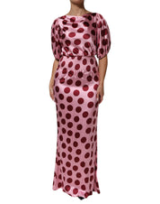 Dolce & Gabbana Pink Red Polka Dot Silk Satin Maxi Gown Dress