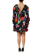 MSGM Dress Black Multicolor Floral Ruffle Long Sleeve Mini Dress