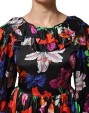 MSGM Dress Black Multicolor Floral Ruffle Long Sleeve Mini Dress