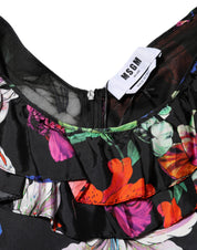 MSGM Dress Black Multicolor Floral Ruffle Long Sleeve Mini Dress