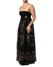 Dolce & Gabbana Black Floral Key Print Crystal Strapless Dress