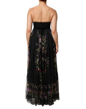 Dolce & Gabbana Black Floral Key Print Crystal Strapless Dress