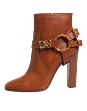 Dolce & Gabbana Brown Leather DG Logo Buckle Ankle Boots Shoes