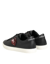Dolce & Gabbana Black White Leather Crystal Heart Sneakers Shoes