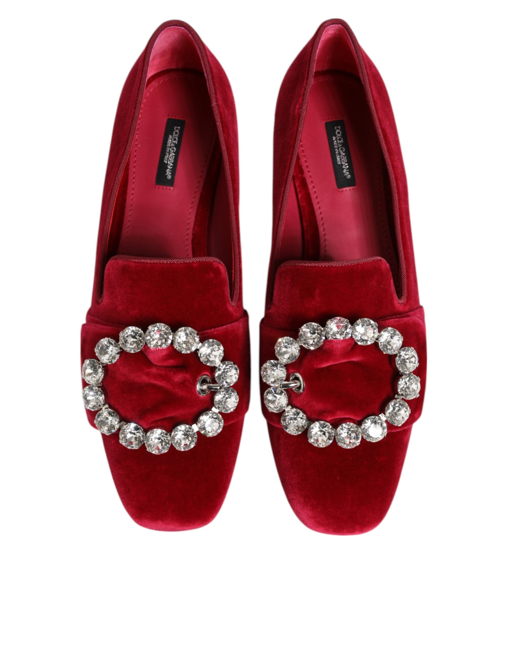 Dolce & Gabbana Red Velvet Crystal Buckle Loafers Flats Shoes
