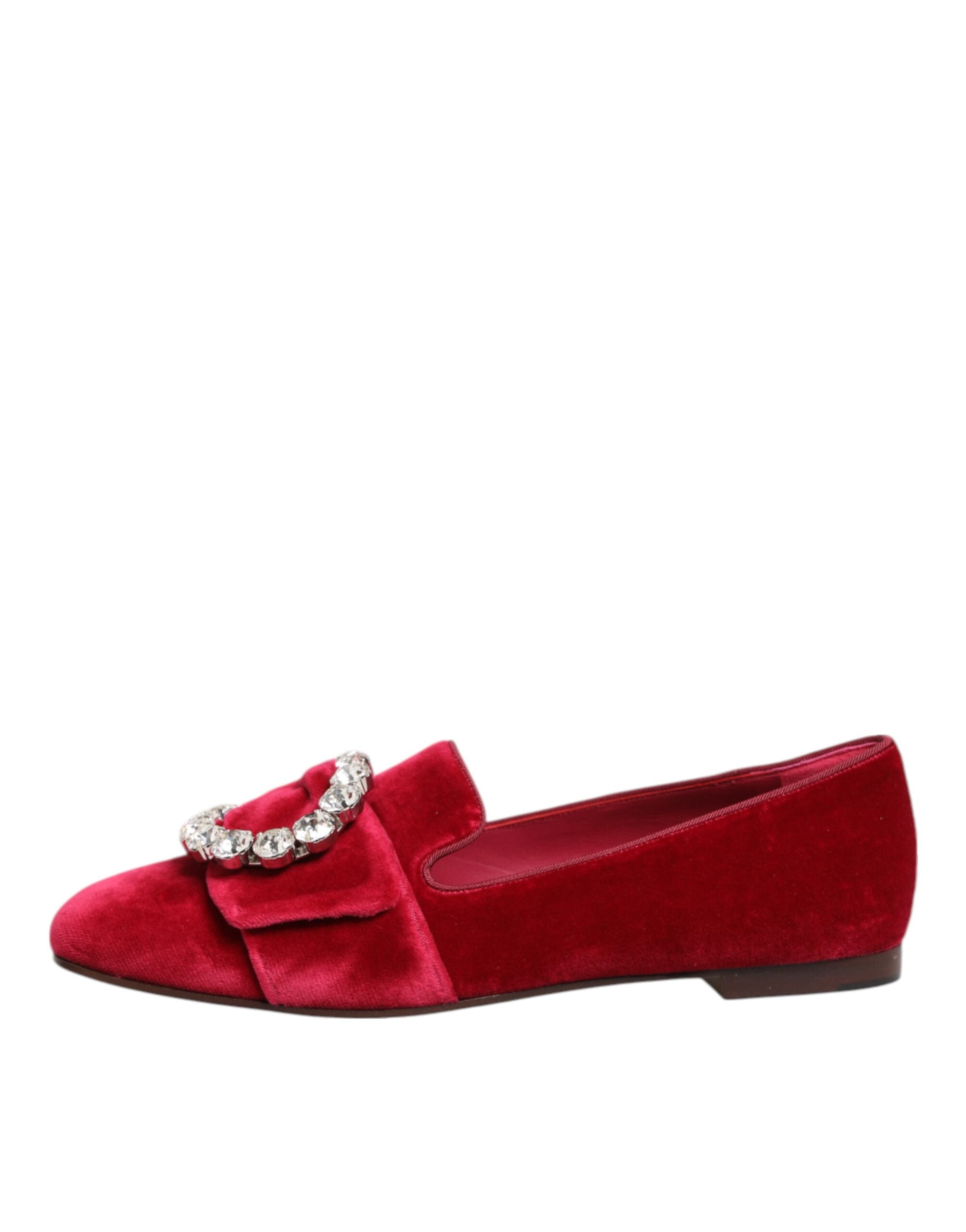 Dolce & Gabbana Red Velvet Crystal Buckle Loafers Flats Shoes