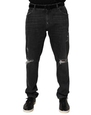 Dolce & Gabbana Black Cotton Slim Fit Distressed Ripped Logo Jeans
