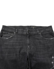 Dolce & Gabbana Black Cotton Slim Fit Distressed Ripped Logo Jeans