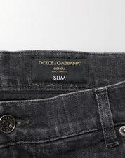 Dolce & Gabbana Black Cotton Slim Fit Distressed Ripped Logo Jeans