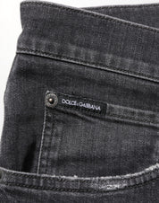 Dolce & Gabbana Black Cotton Slim Fit Distressed Ripped Logo Jeans