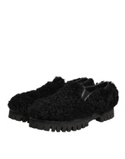 Dolce & Gabbana Dress Black Fur Leather Slippers Men Shoes