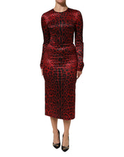 Dolce & Gabbana Red Leopard Sheath Long Sleeves Dress