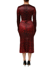 Dolce & Gabbana Red Leopard Sheath Long Sleeves Dress