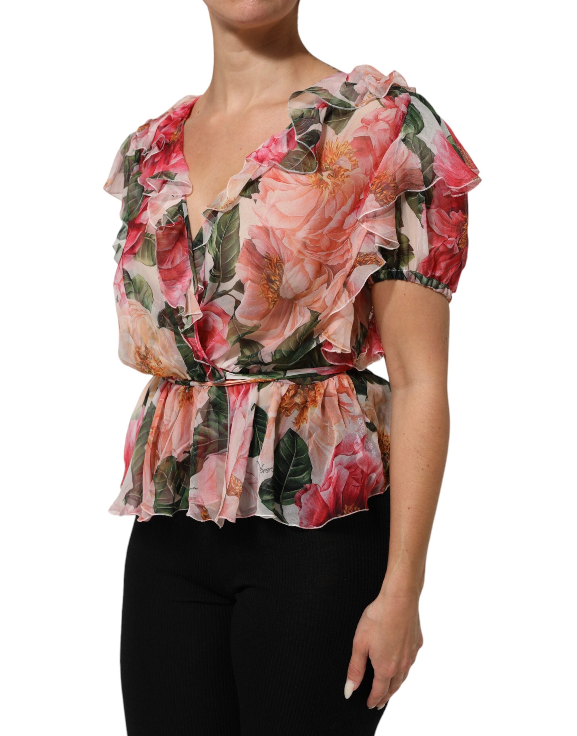 Dolce & Gabbana Pink Camellias Printed Silk V-neck Blouse Top