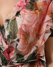 Dolce & Gabbana Pink Camellias Printed Silk V-neck Blouse Top