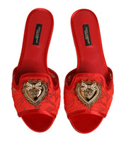 Dolce & Gabbana Red Devotion Lace Flats Slip On Sandals Shoes