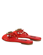 Dolce & Gabbana Red Devotion Lace Flats Slip On Sandals Shoes