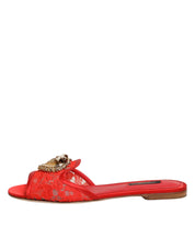 Dolce & Gabbana Red Devotion Lace Flats Slip On Sandals Shoes