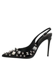 Dolce & Gabbana Black Studded Leather Heels Slingbacks Shoes