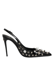 Dolce & Gabbana Black Studded Leather Heels Slingbacks Shoes