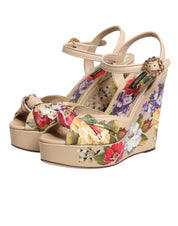 Dolce & Gabbana Beige Floral Ankle Strap Wedge Sandals Shoes