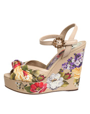 Dolce & Gabbana Beige Floral Ankle Strap Wedge Sandals Shoes