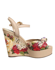 Dolce & Gabbana Beige Floral Ankle Strap Wedge Sandals Shoes