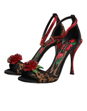 Dolce & Gabbana Brown Leopard Crystal Roses Sandals Shoes