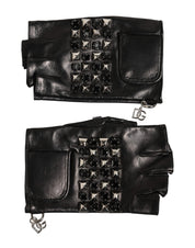 Dolce & Gabbana Black Leather Studded Fingerless Hand Mitten Men Gloves