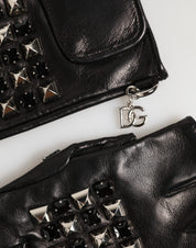 Dolce & Gabbana Black Leather Studded Fingerless Hand Mitten Men Gloves