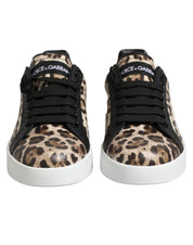 Dolce & Gabbana Brown Leather Leopard Low Top Sneakers Shoes