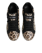 Dolce & Gabbana Brown Leather Leopard Low Top Sneakers Shoes