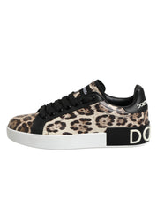 Dolce & Gabbana Brown Leather Leopard Low Top Sneakers Shoes