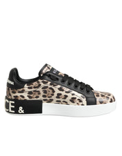 Dolce & Gabbana Brown Leather Leopard Low Top Sneakers Shoes