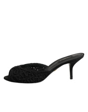 Dolce & Gabbana Black Embroidered Slip On Heels Slides Shoes