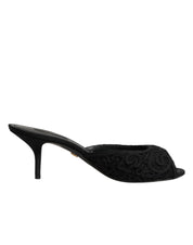 Dolce & Gabbana Black Embroidered Slip On Heels Slides Shoes