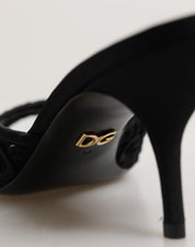 Dolce & Gabbana Black Embroidered Slip On Heels Slides Shoes