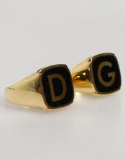 Dolce & Gabbana Gold-Tone Real Brass Black Enamel "DG" Adjustable Rings