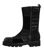 Dolce & Gabbana Black Patchwork Leather Mid Calf Boot  Shoes