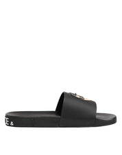 Dolce & Gabbana Black Leather Slides Sandals Beachwear Shoes