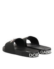 Dolce & Gabbana Black Leather Slides Sandals Beachwear Shoes